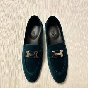 Hermès Paris Green Suede Loafers